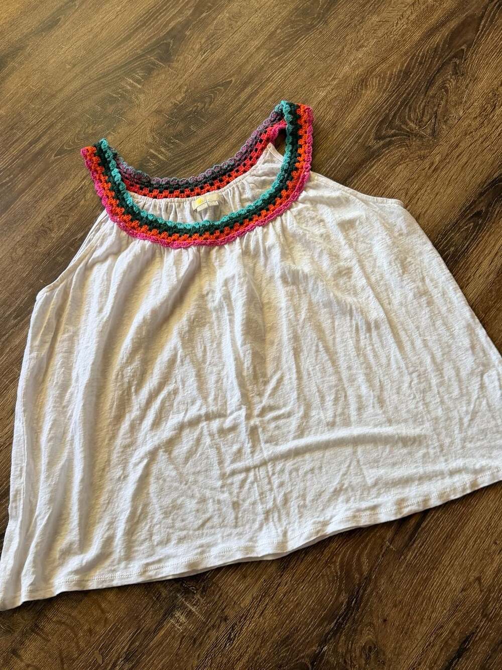 Boden White Sleeveless Top with Colorful Crochet Neckline Size US 14 UK 18